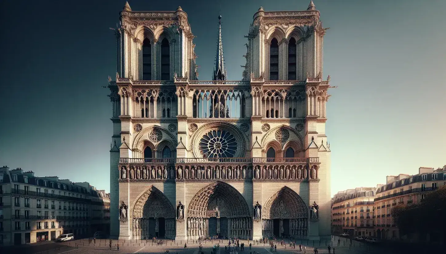 Vista frontale della Cattedrale di Notre-Dame a Parigi con cielo sereno, evidenziando il portale centrale, la rosone e le torri gemelle.