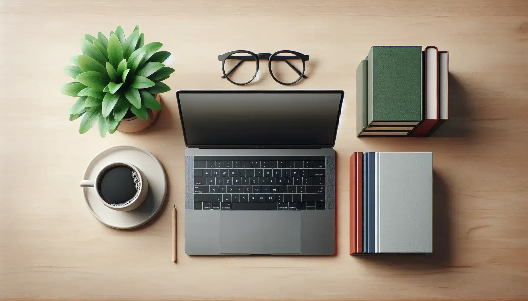 Tidy desk with open laptop, coffee cup, green plant, stacked books and glasses, illuminated by natural light.