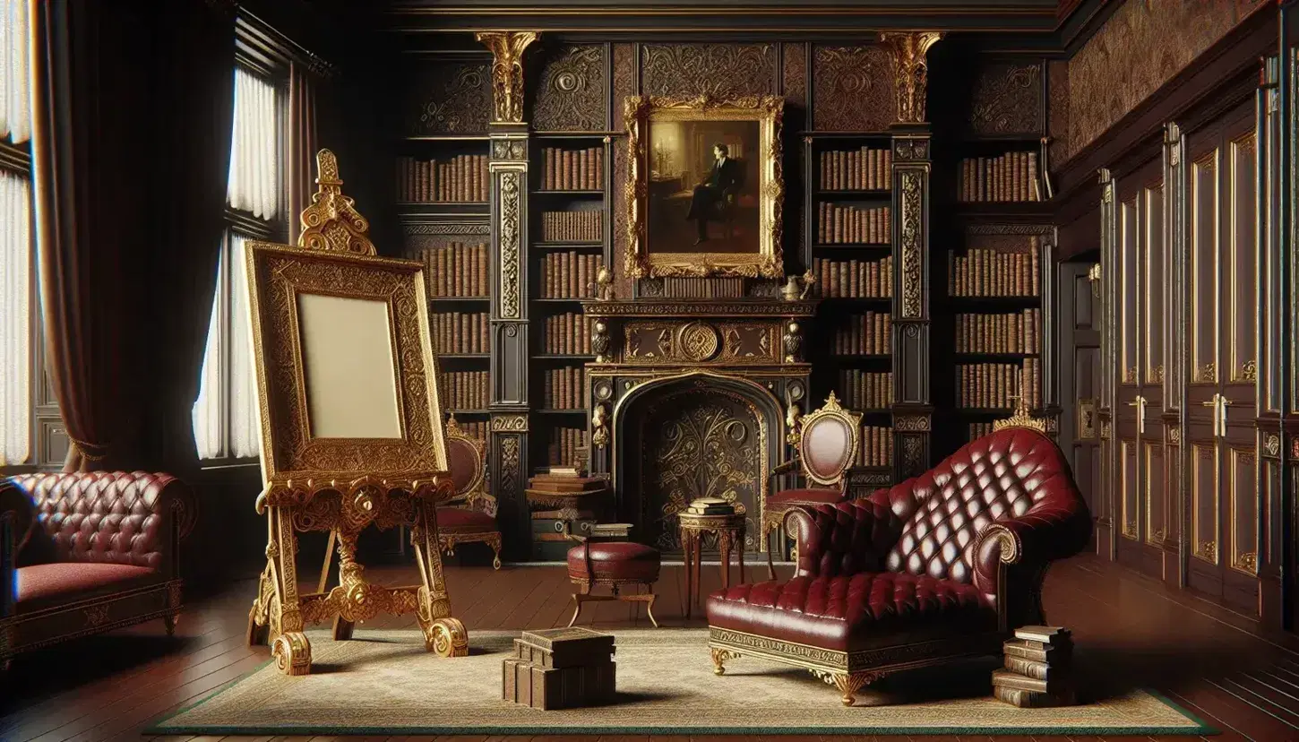 Victorian drawing room with gilded easel, red velvet chaise lounge, dark wood bookcase, brocade wallpaper, and Persian rug, evoking Oscar Wilde's era.