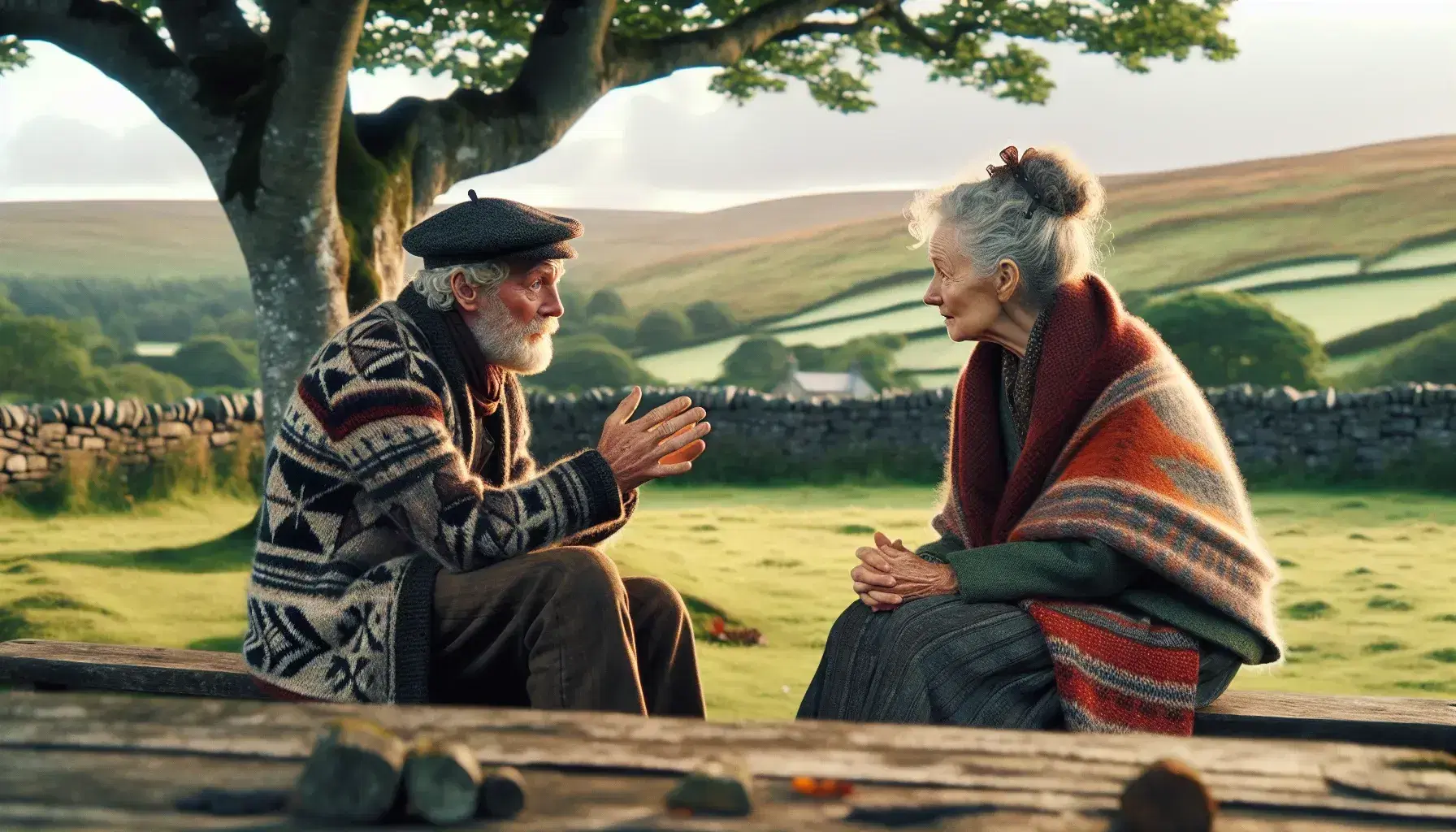 Dos personas mayores conversando animadamente en un banco de madera al aire libre, con un hombre vestido con boina y chaqueta de lana y una mujer con chal tejido, en un paisaje rural tranquilo.