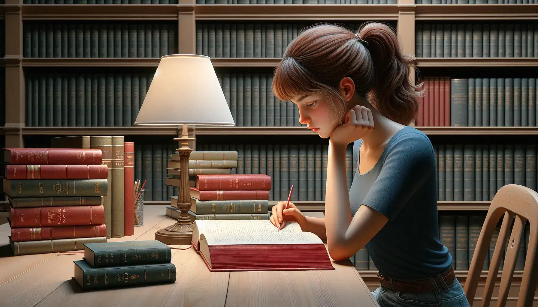 Ragazza italiana assorta nella lettura di un libro rosso in una biblioteca tranquilla, con lampada accesa e libri accatastati sul tavolo.