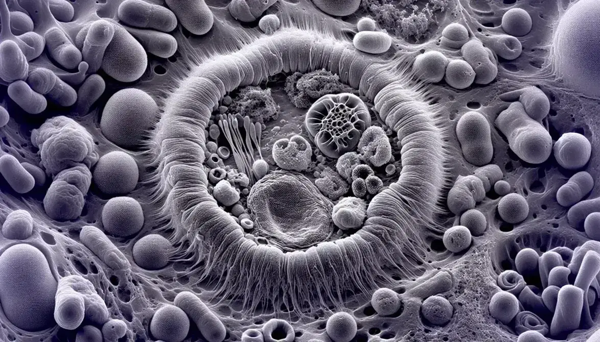 Micrografía electrónica de tejido celular con célula central prominente, núcleo visible, mitocondrias, retículo endoplásmico y células en división con cromosomas condensados.