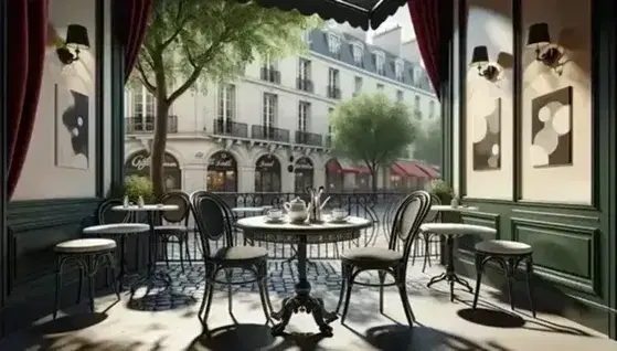 Classic French café scene with a wrought iron table set, white coffee cups, and a sugar bowl, overlooking a cobblestone street and traditional architecture.