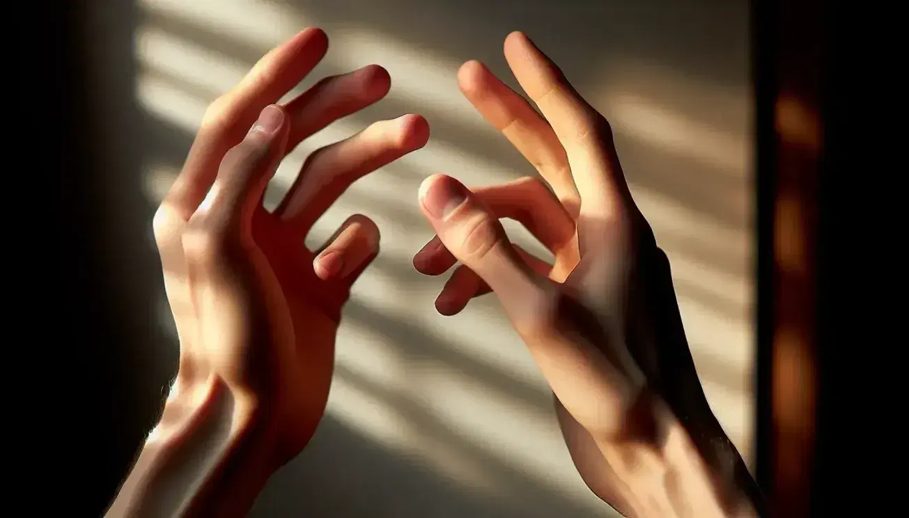 Due mani in primo piano comunicano con il linguaggio dei segni su sfondo sfocato neutro, con un gioco di luci e ombre.