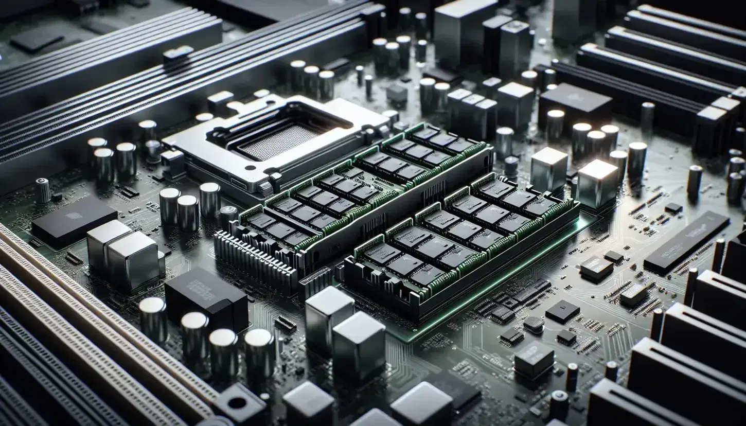 Close-up of a motherboard with inserted DIMM memory modules, CPU with heatsink and fan, and empty expansion slots.