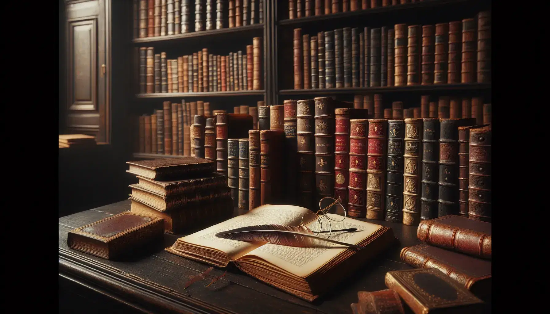 Biblioteca antigua con estanterías de madera oscura llenas de libros, mesa con libro abierto, gafas doradas y pluma de ave para escribir bajo una luz cálida.