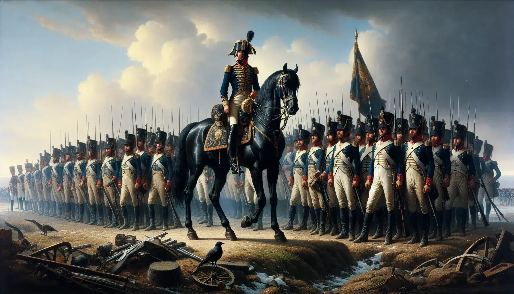 Escena histórica de soldados en uniformes militares del siglo XVIII a caballo y a pie, con un oficial central destacado en un caballo oscuro, bajo un cielo parcialmente nublado.