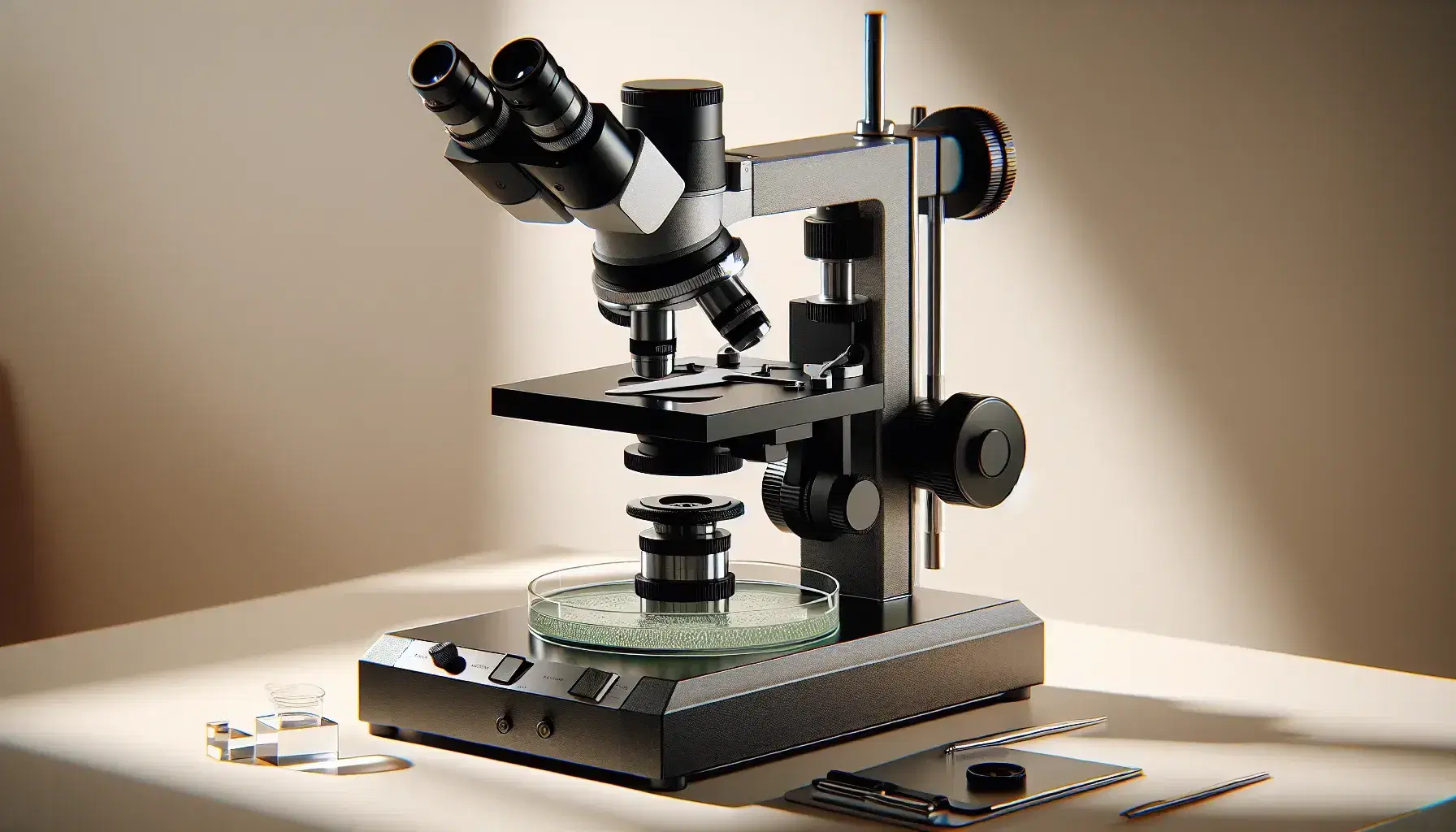 Microscopio óptico de diseño moderno sobre mesa de laboratorio con base negra, brazo metálico y tres objetivos, junto a una placa de Petri con muestra verde.