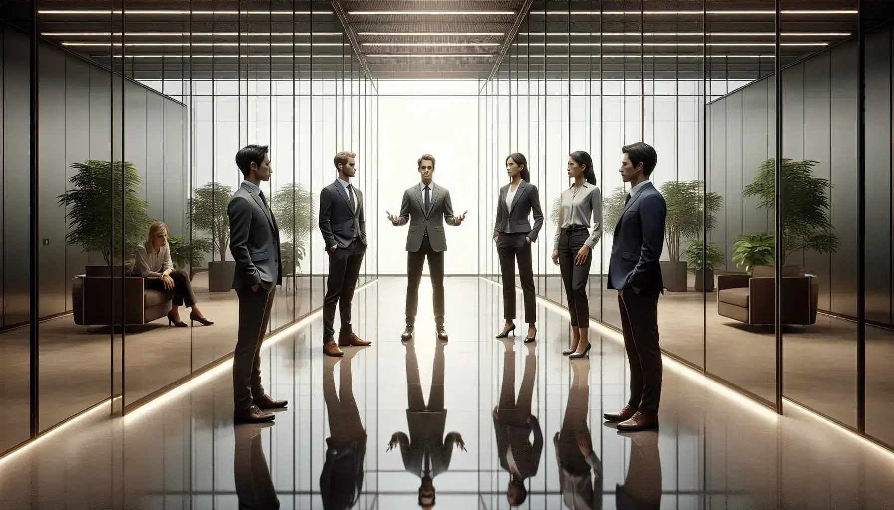 Grupo de cinco profesionales en oficina moderna con paredes de vidrio, atendiendo a una presentación, reflejando colaboración y ambiente corporativo.