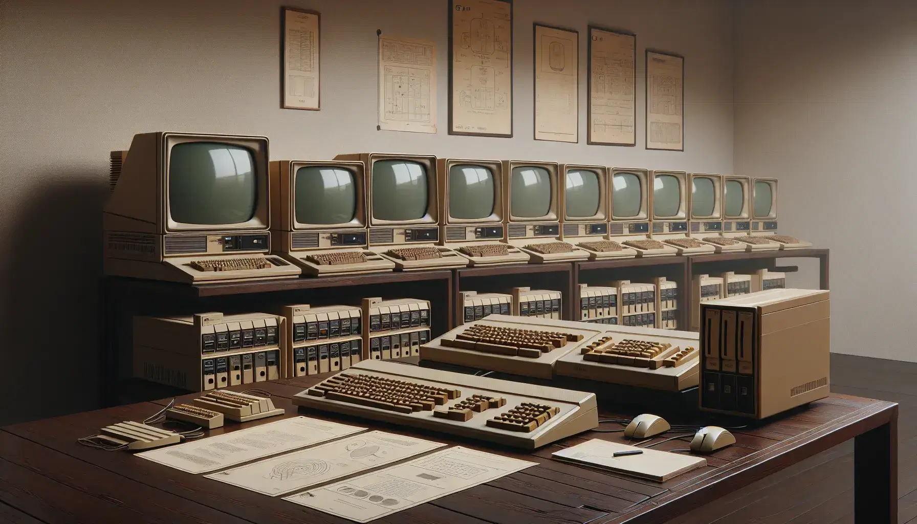Collezione di computer vintage su tavoli in legno in una stanza illuminata, con monitor beige, tastiere grigie e mouse ovali.