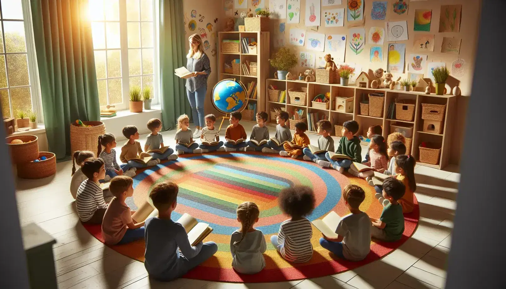 Niños de diversas edades y etnias sentados en un tapete colorido en una sala iluminada, con libros y atentos a un adulto, rodeados de estantes con juguetes y un globo terráqueo.
