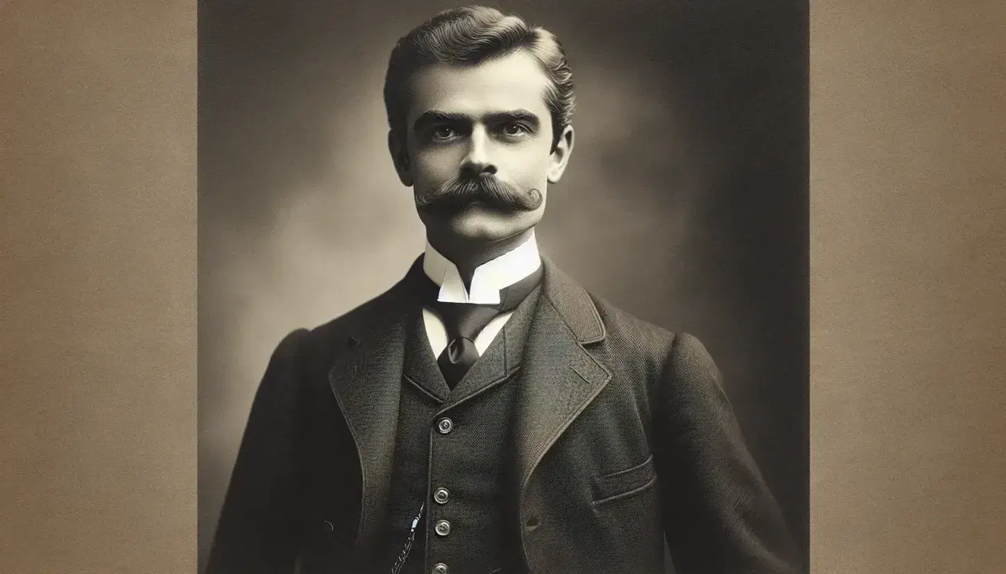 Retrato en sepia de hombre de finales del siglo XIX con bigote prominente, traje oscuro, chaleco y corbata, expresión seria y fondo neutro.
