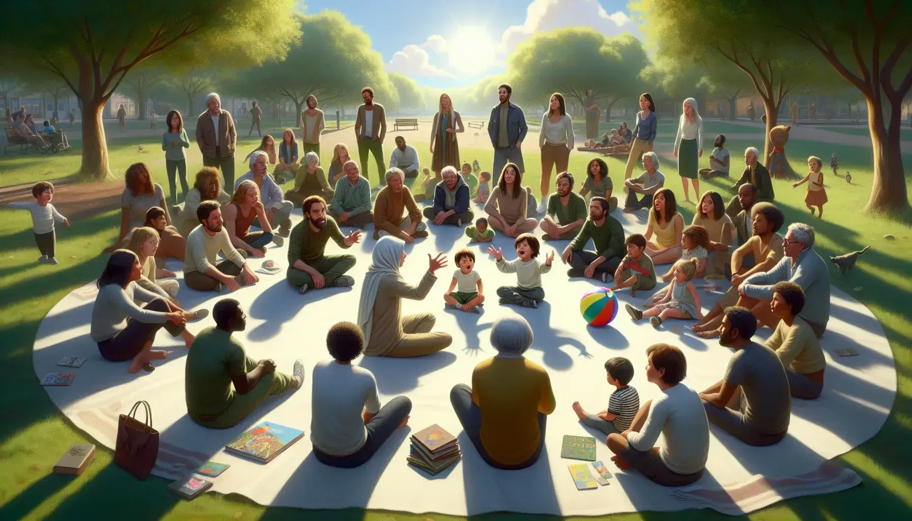 Grupo diverso de personas en un parque escuchando a un niño que cuenta una historia, con árboles y cielo azul de fondo.