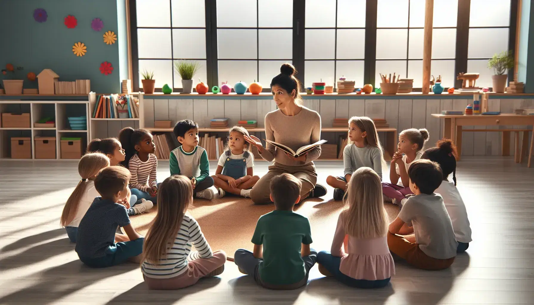 Niños de diversas etnias atentos en círculo con maestra leyendo un libro en aula iluminada, con plantas y juguetes educativos al fondo.