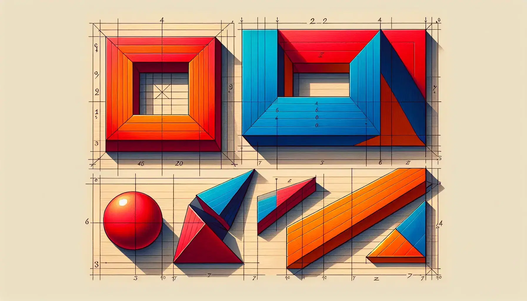 Bright red square, royal blue rectangle, vibrant green rhombus, and orange trapezoid on a wooden surface, showcasing different quadrilateral shapes.