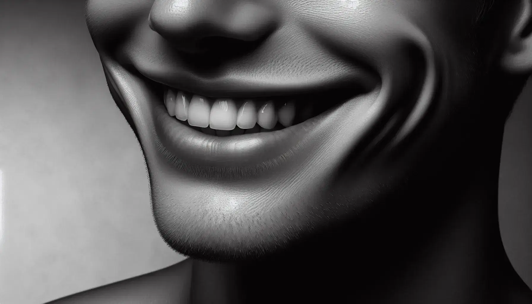 Sonrisa amplia con dientes blancos y alineados, arrugas de expresión en las comisuras y mejillas elevadas por la contracción muscular, sin vello facial y con iluminación suave.