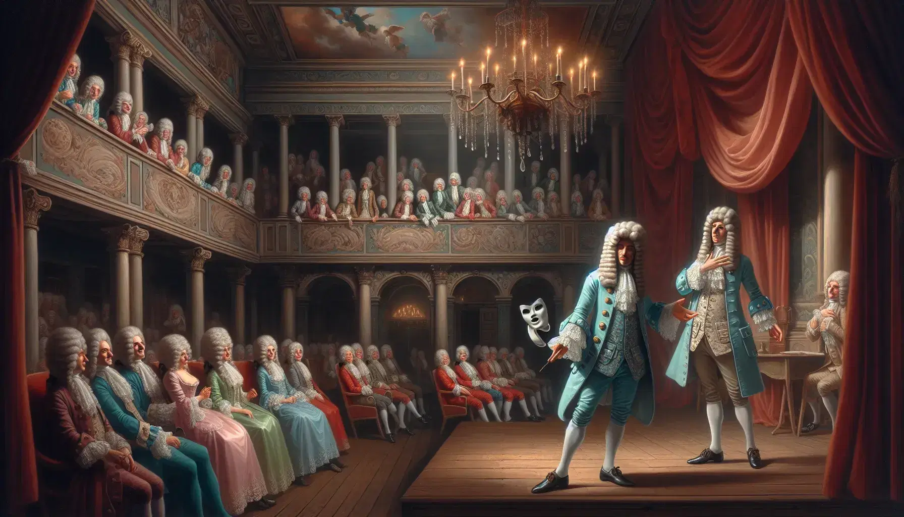 Attore in costume d'epoca azzurro con parrucca bianca su palcoscenico teatrale settecentesco, spettatori eleganti e chandelier illuminato.