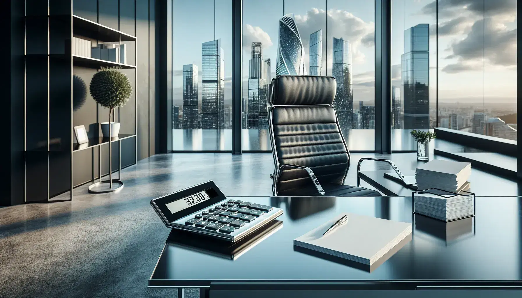 Modern office with glass desk, silver calculator, white paper stack, black leather chair, and cityscape view through large window, accented by a green potted plant.