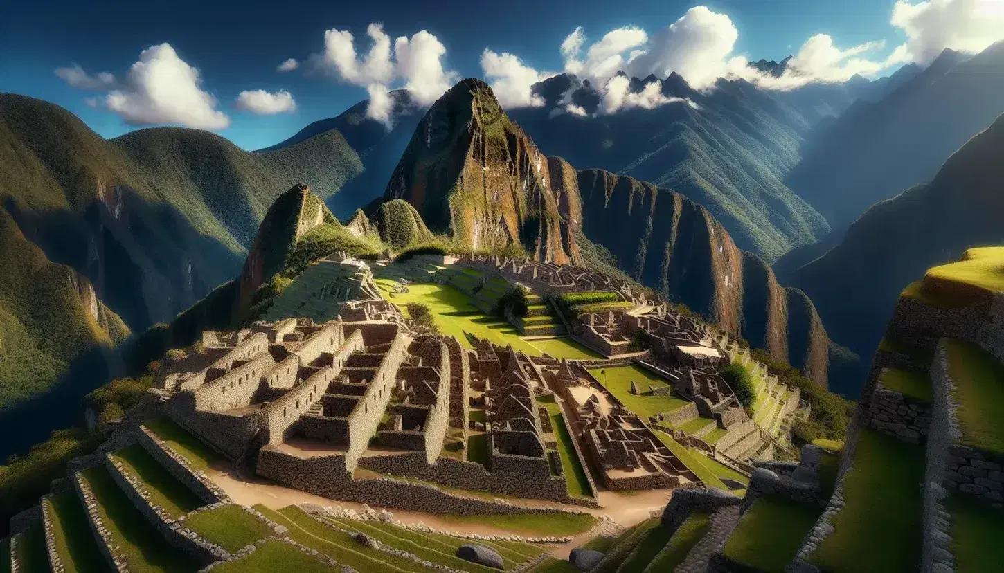 Vista panorámica de las ruinas de Machu Picchu con terrazas de piedra, estructuras incas y montaña verde bajo cielo azul.