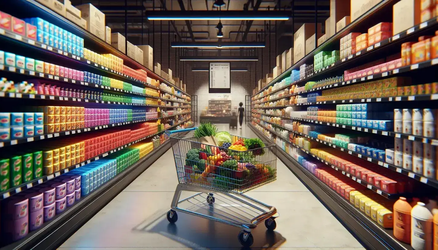 Interno di un supermercato moderno con scaffali colorati pieni di prodotti, carrello della spesa in primo piano e figura sfocata di cliente.