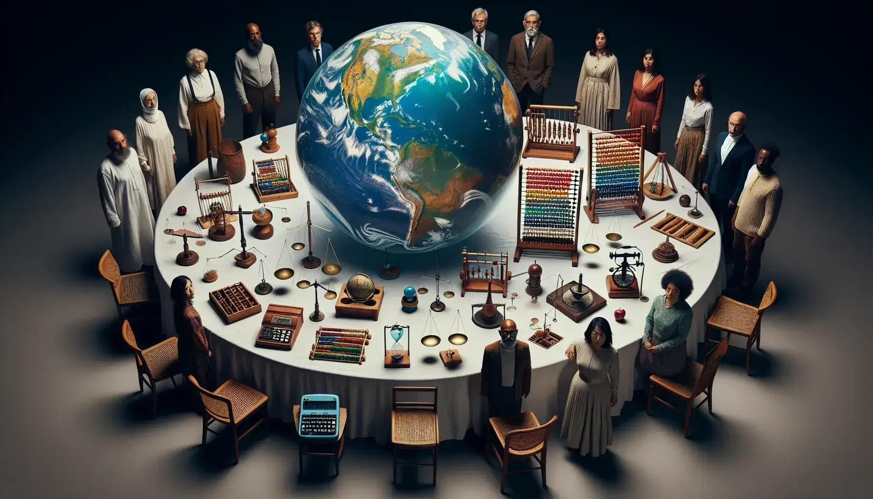 Grupo diverso de personas de distintas edades y etnias colaborando alrededor de una mesa con esfera transparente, abaco, calculadora antigua y balanza con manzana.