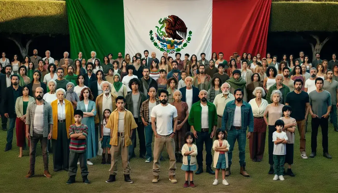 Grupo diverso de personas posando ante la bandera de México, con niños sosteniendo banderitas y expresiones de orgullo, al aire libre y sin textos visibles.
