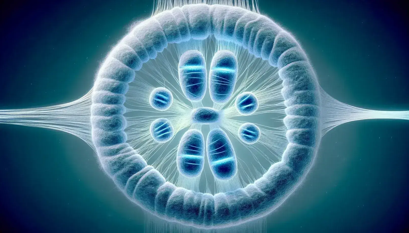 Eukaryotic cell in mitotic metaphase with chromosomes aligned to the equatorial plane, highlighted centromeres and connected spindle fibers.