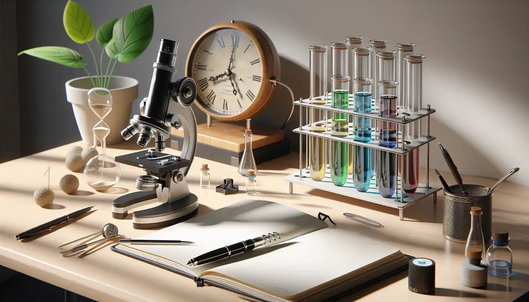 Mesa de trabajo de madera clara con microscopio negro y plateado, cuaderno abierto con pluma, tubos de ensayo con líquidos de colores y reloj de arena, junto a planta en maceta.