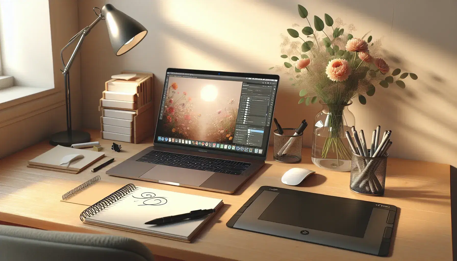 Scrivania in legno chiaro con laptop aperto, mouse wireless, blocco note, penna, vaso di fiori rosa e tavoletta grafica con penna digitale.