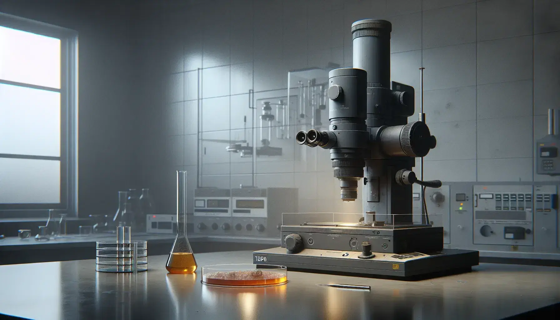 Microscopio elettronico a trasmissione grigio scuro su tavolo da laboratorio con provetta e Petri contenenti campioni biologici in ambiente di ricerca.