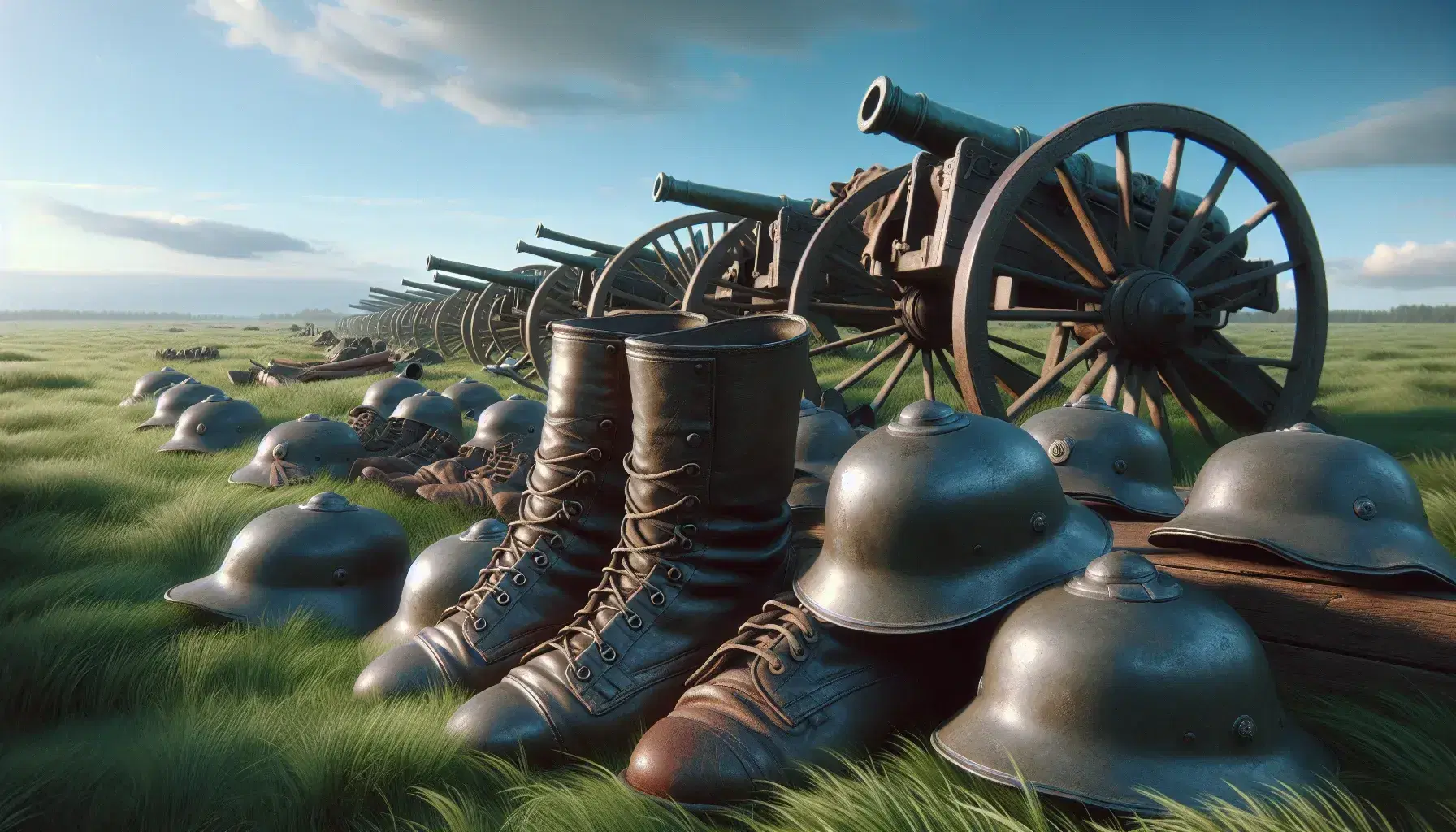 Serene field with scattered early 20th-century military gear, including pickelhaube helmets and weathered boots, alongside a line of vintage cannons.