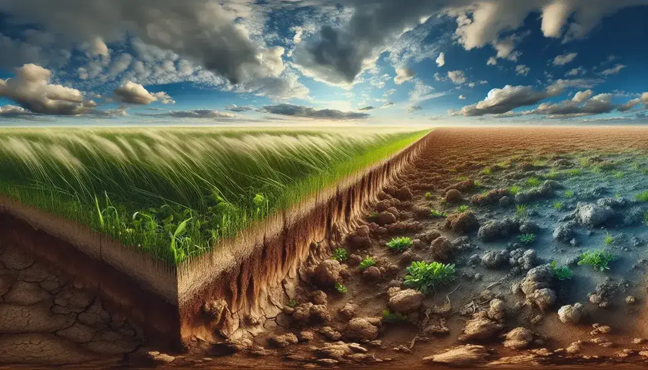 Paesaggio naturale con terreno variegato in primo piano, erba verde ondulata e cielo azzurro con nuvole illuminate dal sole.