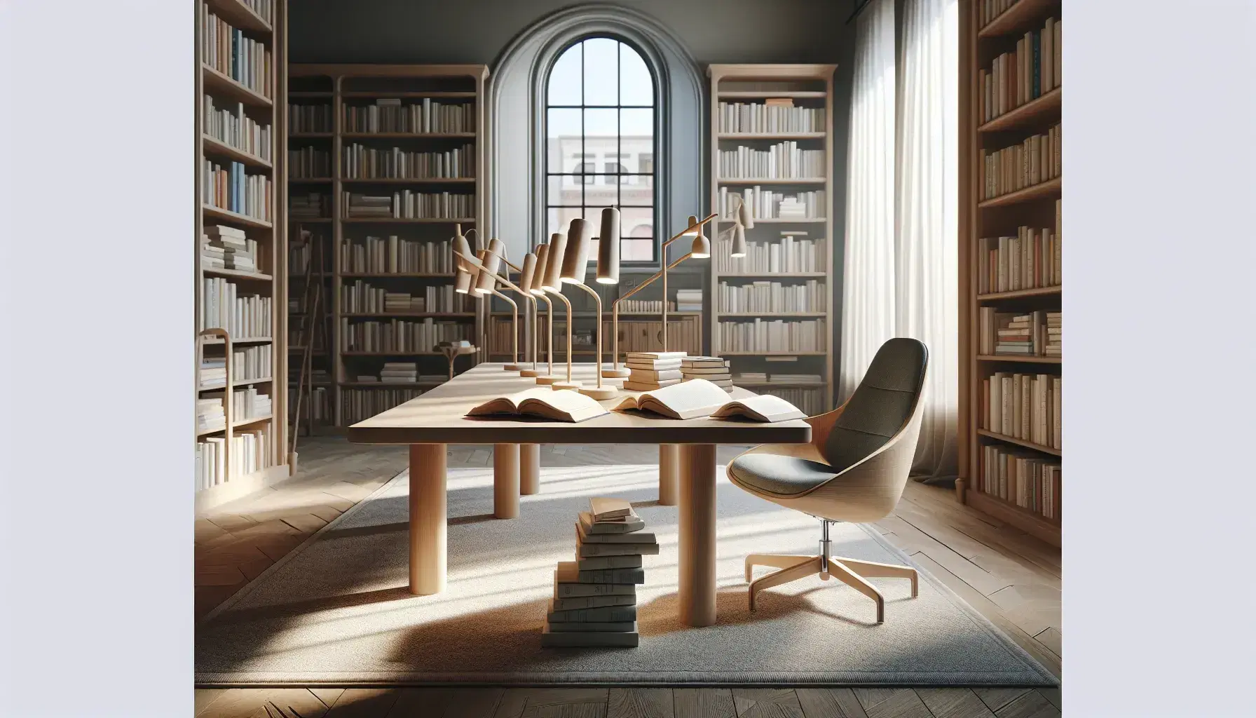Biblioteca acogedora con mesa de madera, libros abiertos, lámparas de lectura, silla ergonómica azul y estantes llenos de libros coloridos.