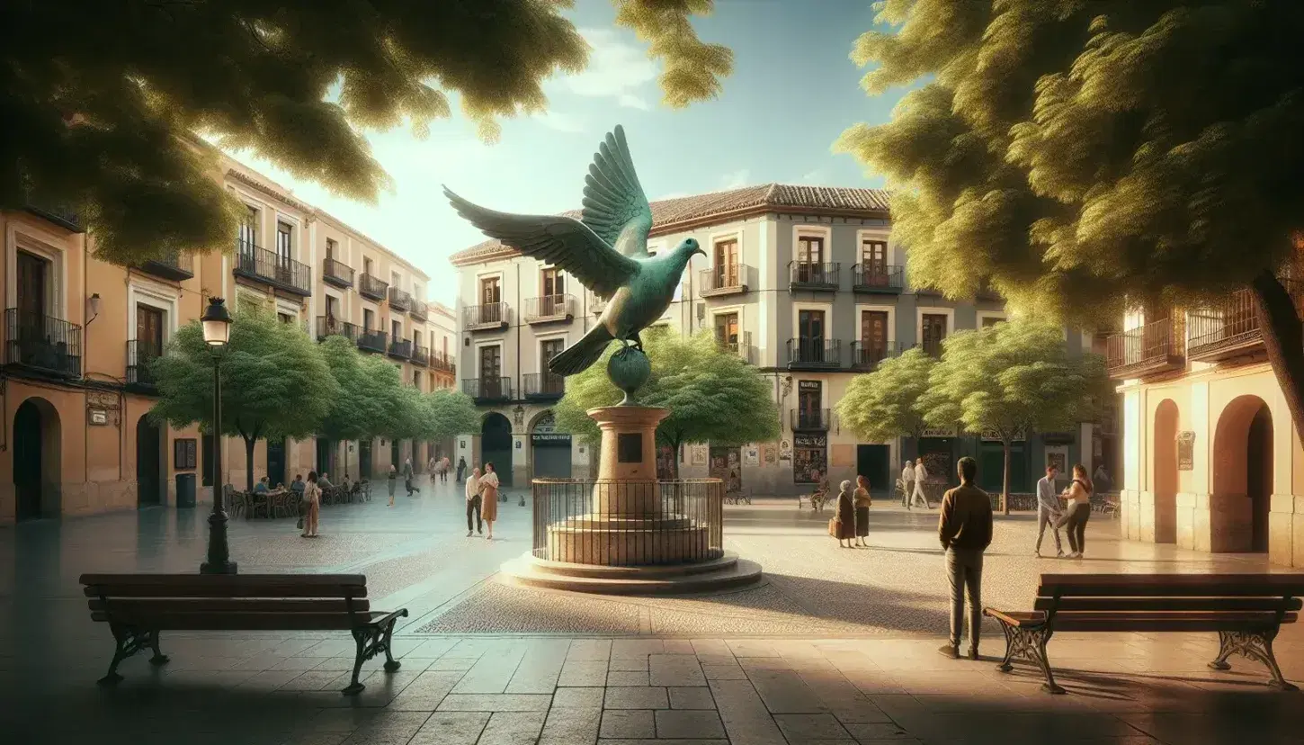 Bronze dove sculpture symbolizing peace on a pedestal in a cobblestoned Spanish square with people, green trees, and traditional architecture.