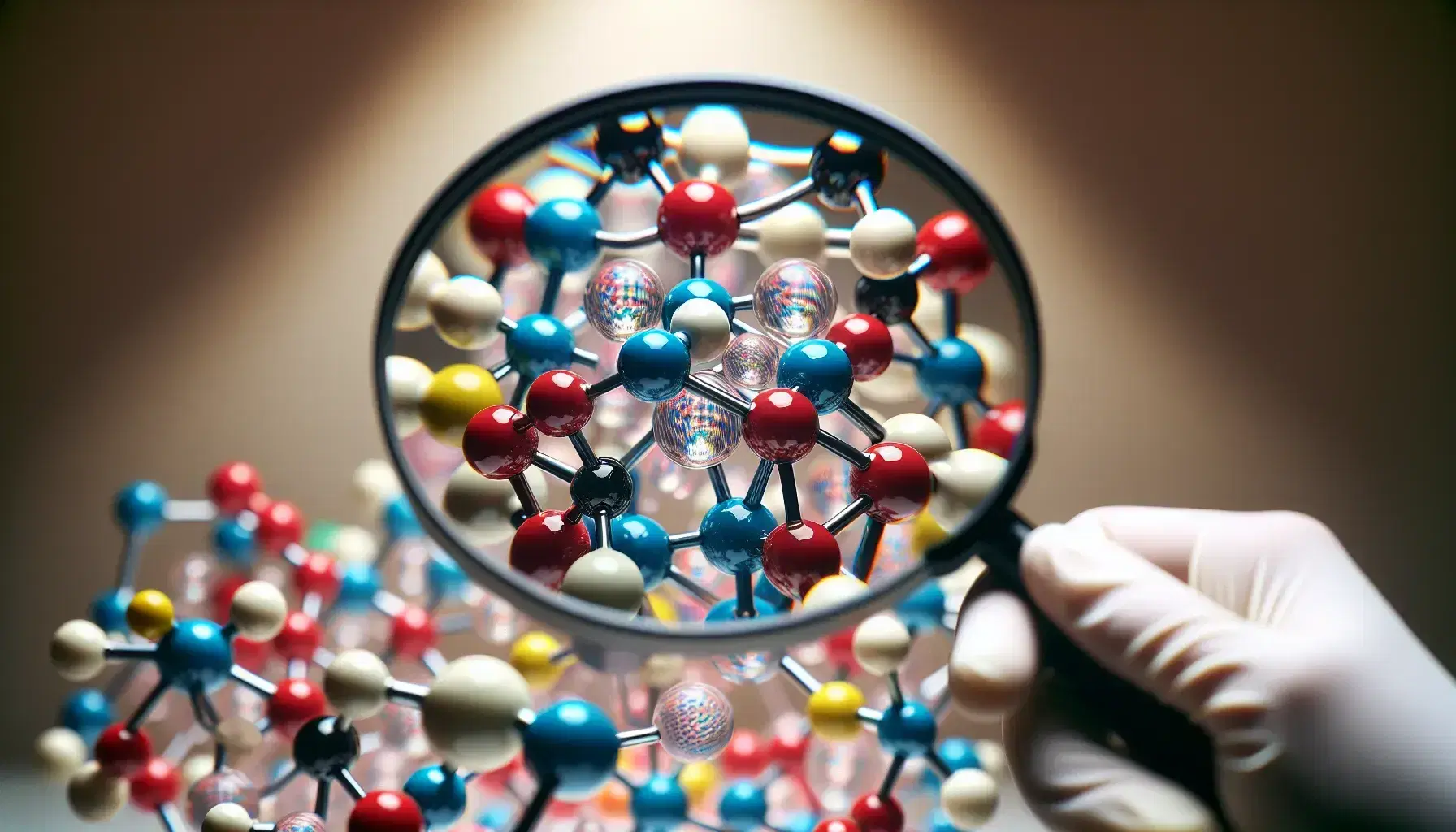 Three-dimensional molecular model with colored spheres for chemical elements and connection rods, representing an enzyme with an active site, on a neutral background.
