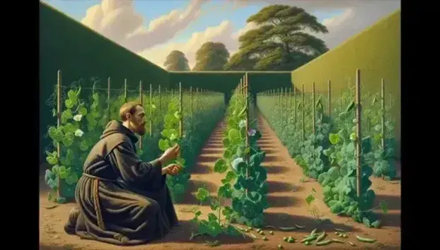 Man in monastic habit carefully examines pea plant in tidy garden, with white and purple flowers and green pods, under blue sky.