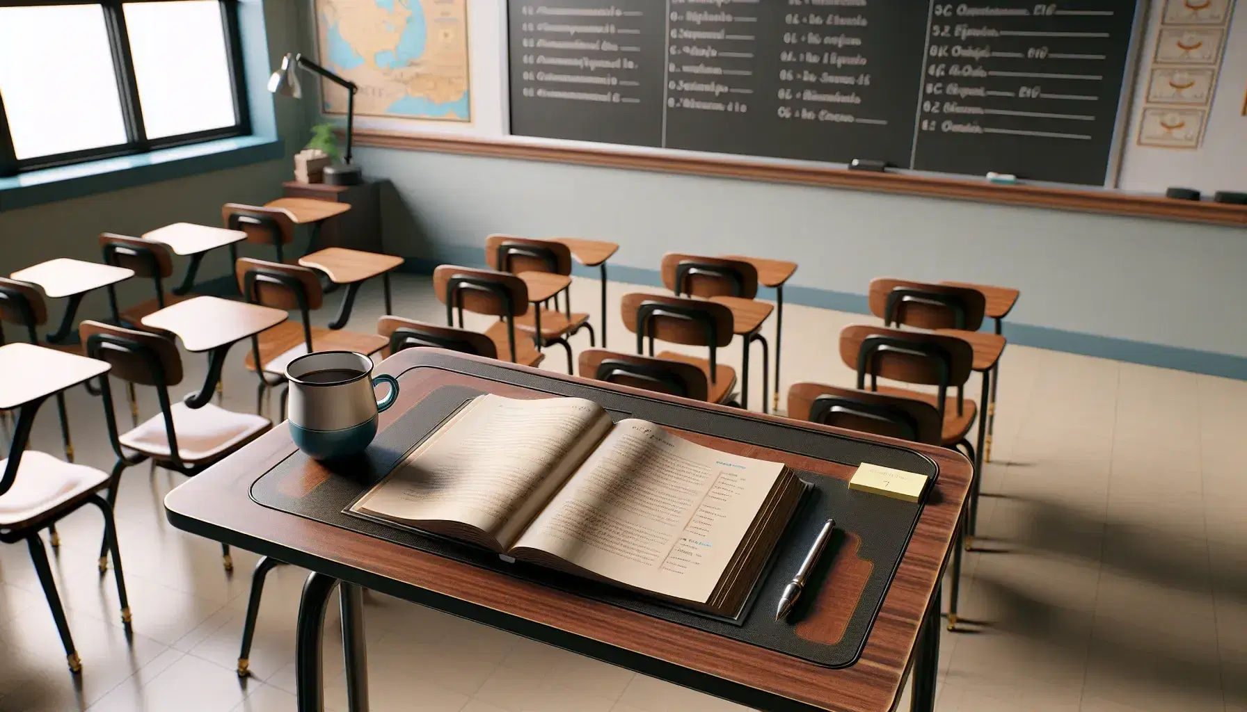 Spanish language classroom with teacher's desk, open textbook, coffee mug, and rows of empty student desks, blackboard, and window with light blue curtains.