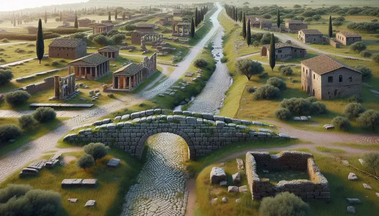 Vista aerea dell'antica Via Appia con lastre di pietra, ponte romano con arco e replica di insediamento romano sotto un cielo azzurro.