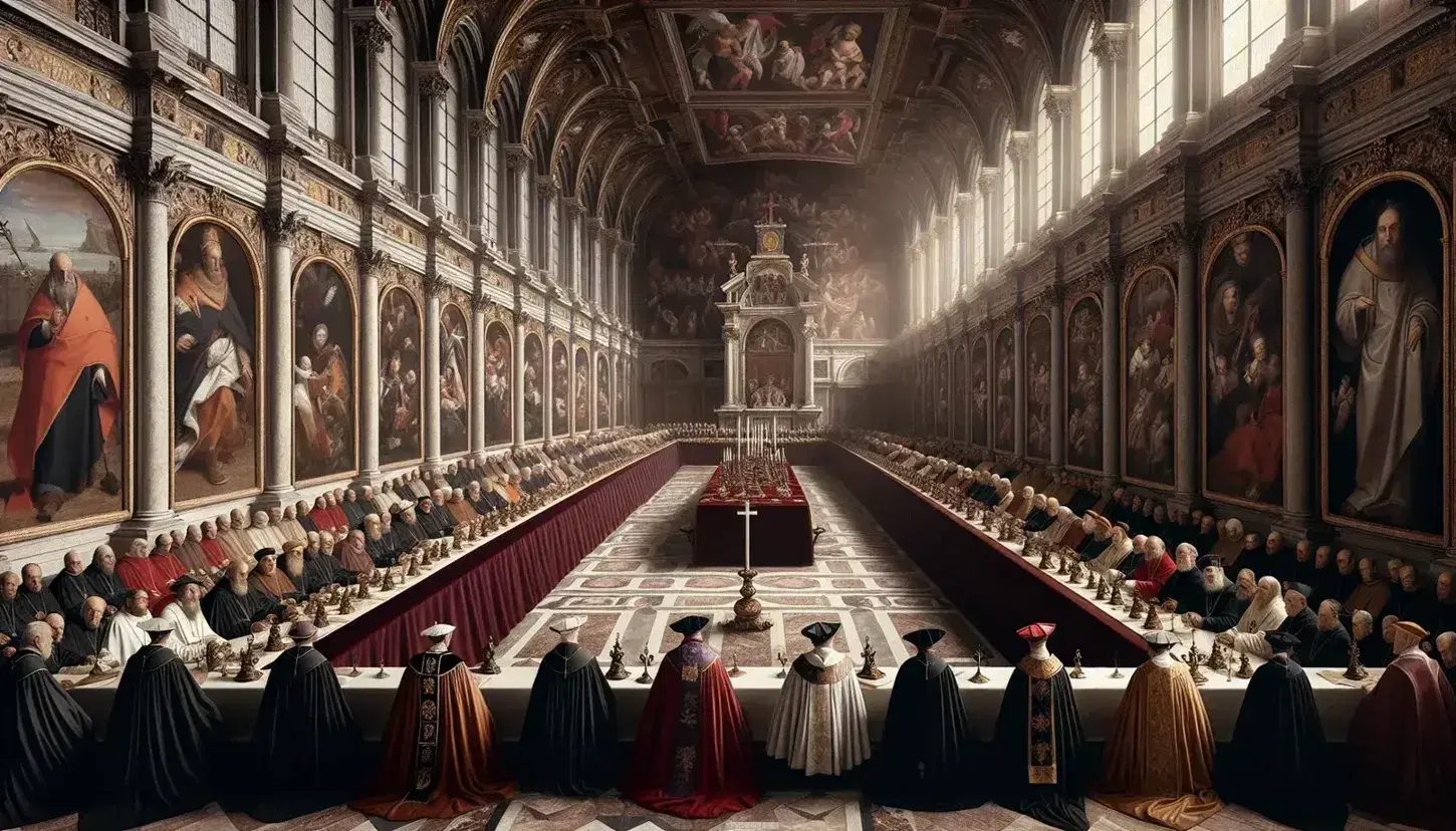 Rappresentazione artistica del Concilio di Trento con ecclesiastici in abiti liturgici attorno a un tavolo, in una sala adornata con affreschi e colonne marmoree.