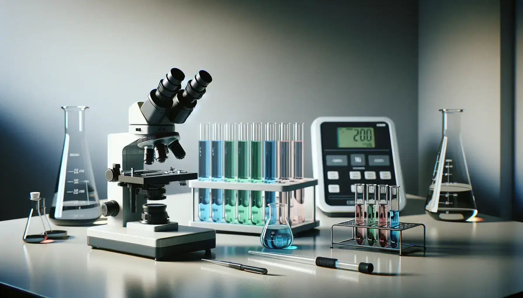 Laboratorio con microscopio central, tubos de ensayo con líquidos de colores en gradilla y pipeta en soporte, con balanza analítica digital al fondo.