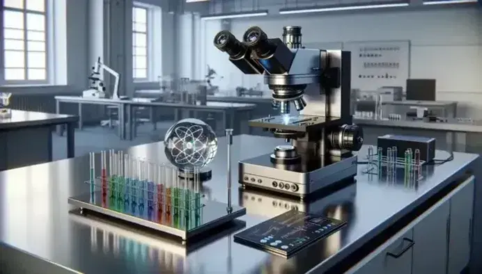 Laboratorio scientifico moderno con tavolo in acciaio, microscopio elettronico, provette colorate, laser di precisione e modello 3D di atomo.