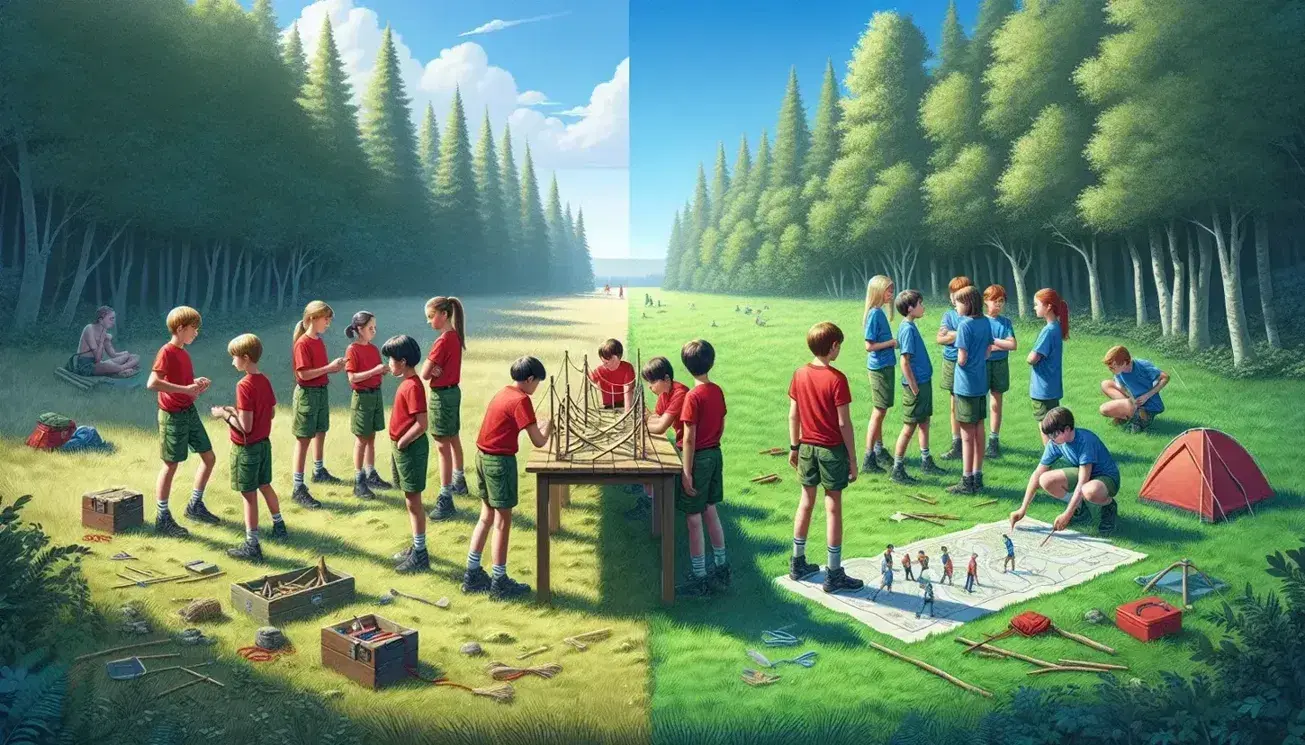 Children aged 8 to 12 in red T-shirts build a wooden bridge, while others in blue study a map of an outdoor campsite.