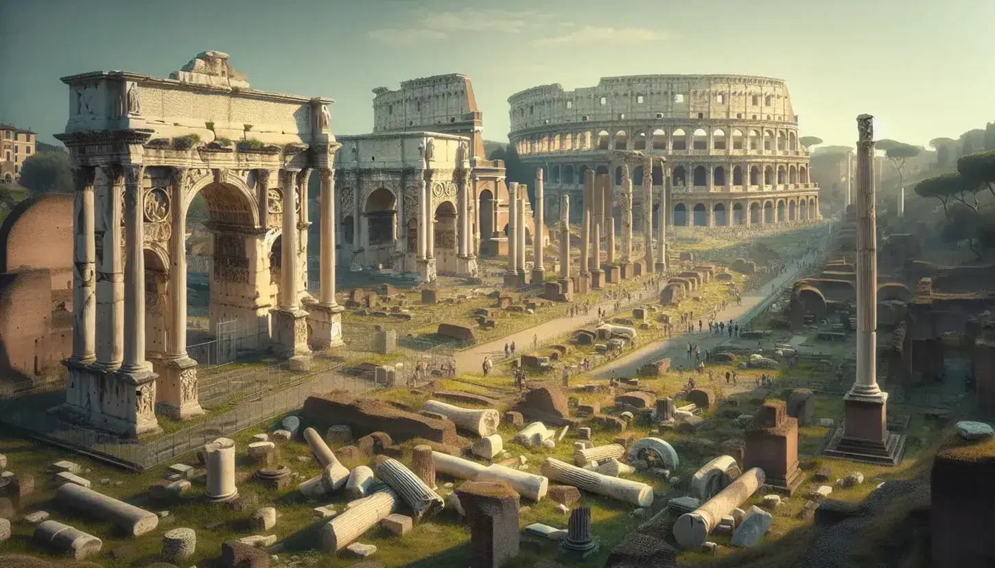 Vista panorámica de las ruinas del Foro Romano con el Arco de Septimio Severo y el Coliseo al fondo en un día soleado.
