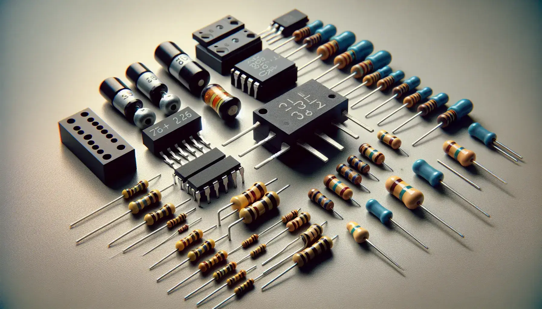 Componentes electrónicos con diodo Zener, transistor, regulador de voltaje y varios capacitores y resistores sobre superficie clara.