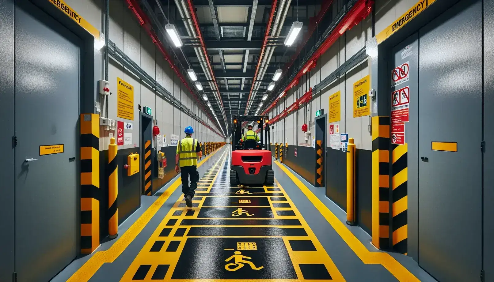 Corridoio industriale illuminato con linee gialle e nere a terra, uomo in giubbotto riflettente e casco blu e carrello elevatore rosso in corsie separate.