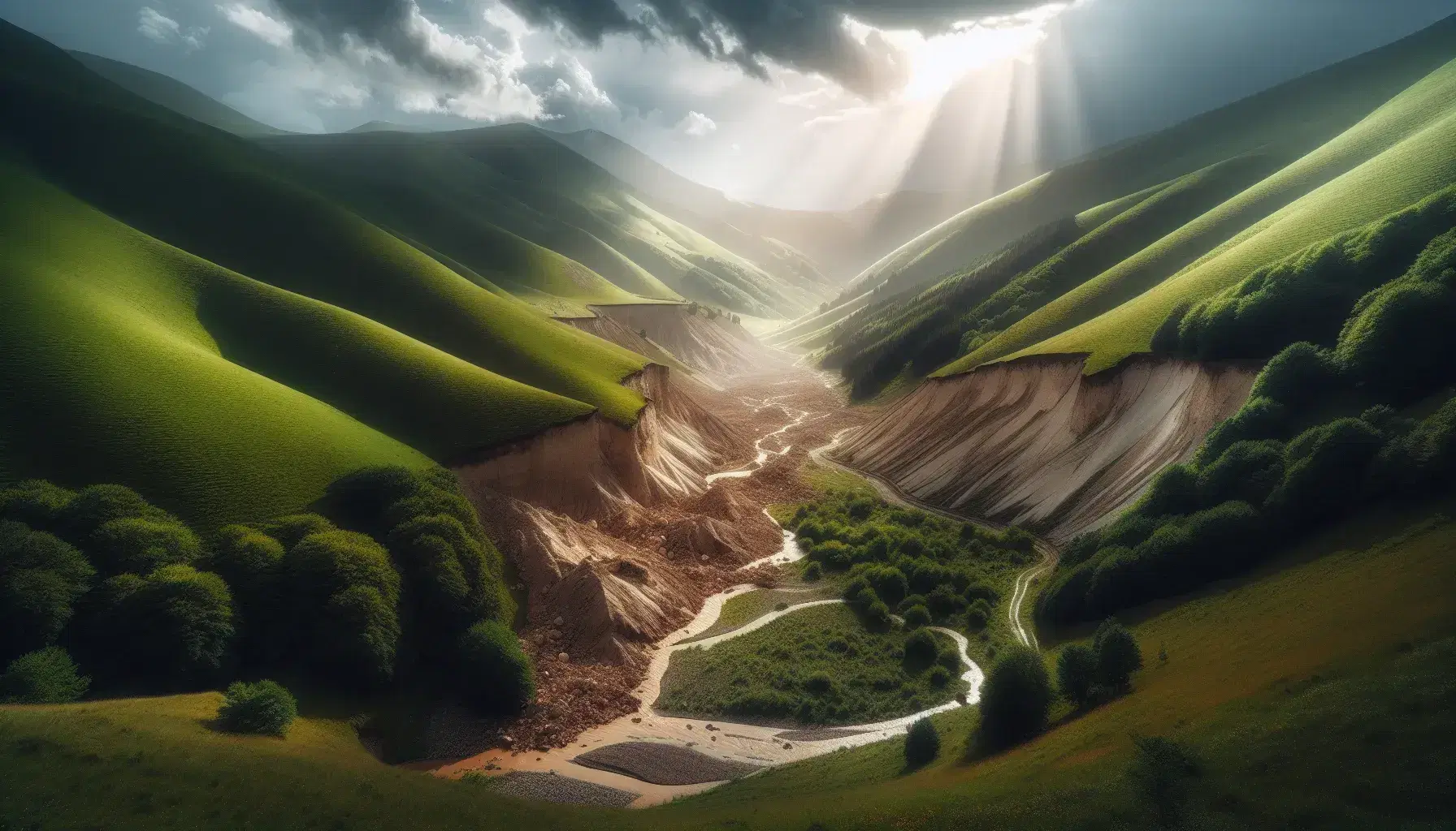 Paesaggio italiano con colline verdi e frana in primo piano, cielo nuvoloso e raggi solari che filtrano illuminando la scena naturale.