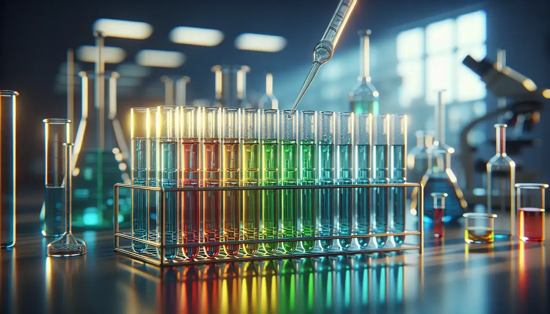 Tubos de ensayo con líquidos de colores azul, verde, amarillo y rojo en gradilla de laboratorio, con pipeta extrayendo muestra, en ambiente de investigación.