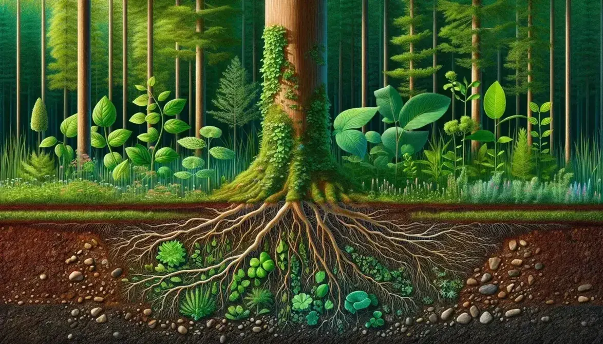 Cross section of a forest showing plant life above and below ground, with intertwined roots and vascular system visible.