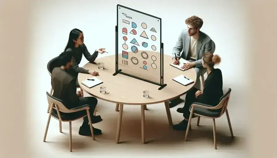 Three professionals in a meeting around a wooden table with a glass whiteboard, laptop, smartphone, and book, discussing colorful geometric shapes.