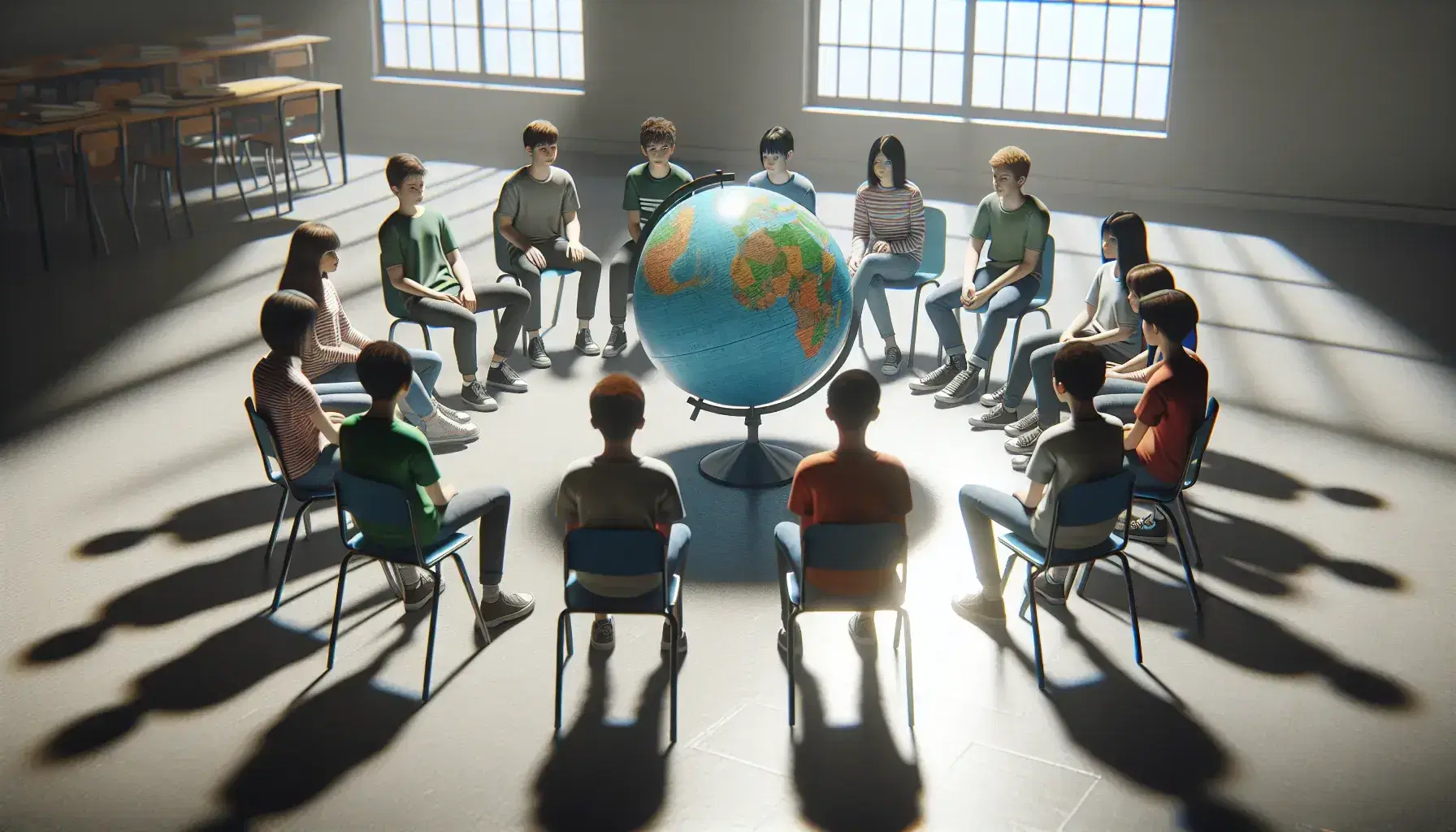 Studenti seduti in cerchio in aula scolastica con un mappamondo al centro, ascoltano un compagno che indica una zona del globo.